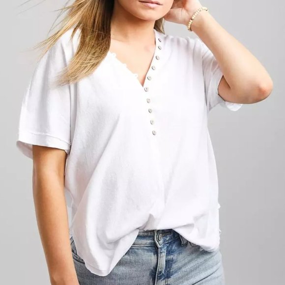 BKE Tops - BKE Raw Edge V-Neck Henley